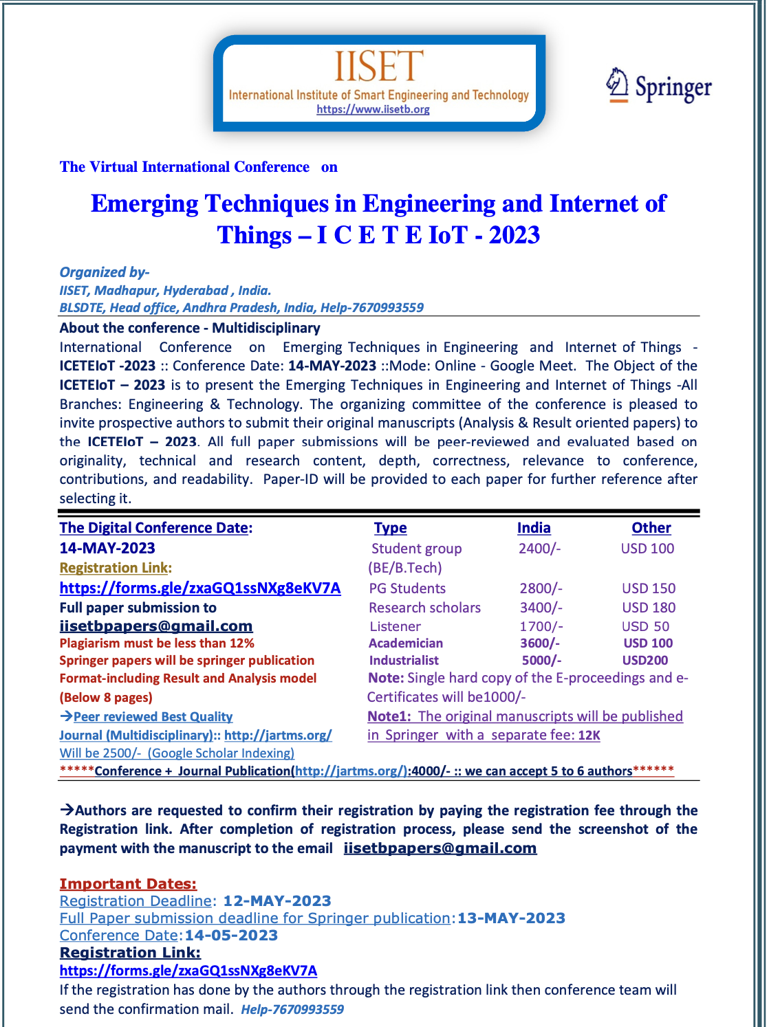 The Virtual International Conference on Emerging Techniques in Engineering and Internet of Things ICETE IoT - 2023